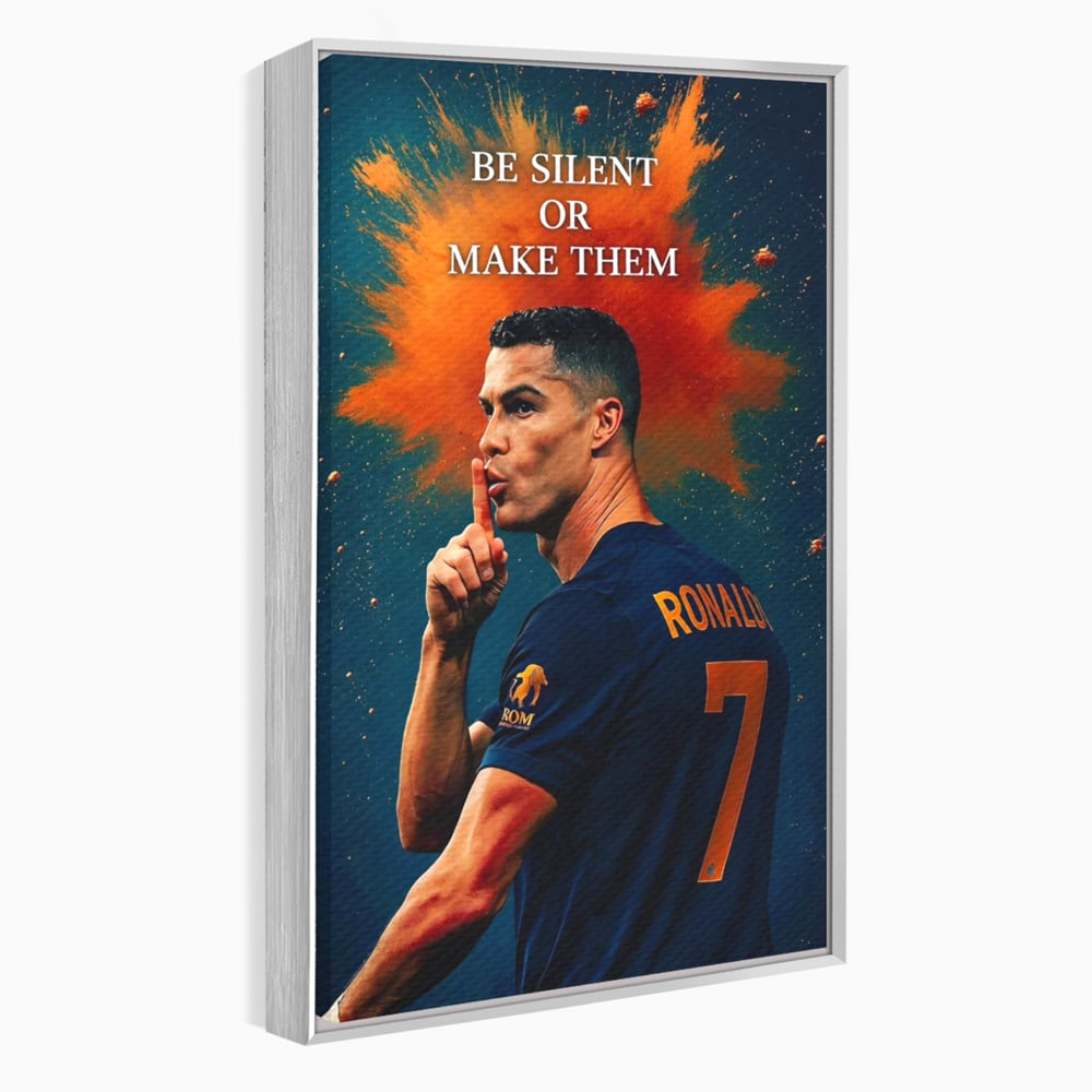 Tablou canvas cu tablou motivational cu portretul lui ronaldo, in rama de aluminiu argintiu