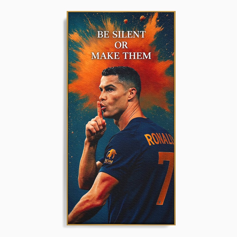 Tablou canvas cu tablou motivational cu portretul lui ronaldo, in rama de aluminiu auriu