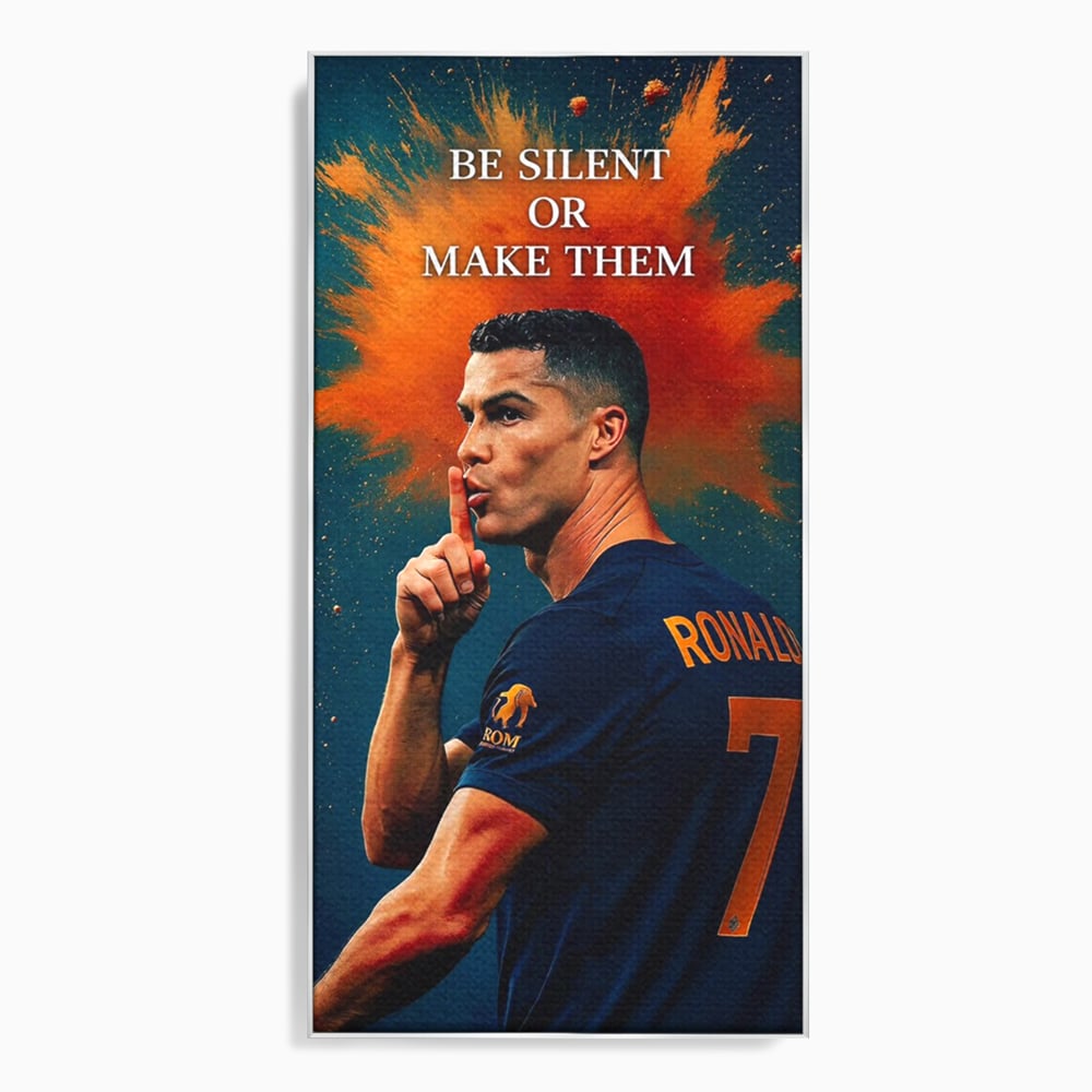 Tablou canvas cu tablou motivational cu portretul lui ronaldo, in rama de aluminiu argintiu