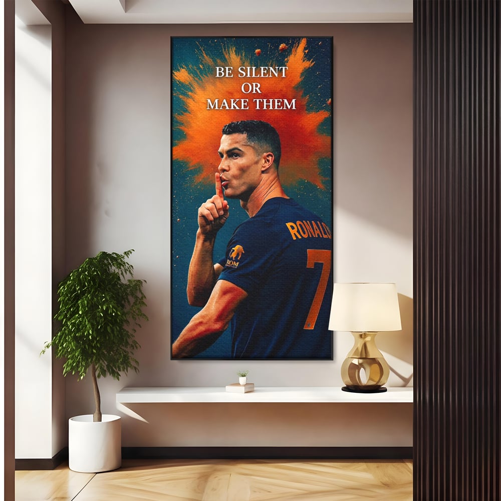 Tablou canvas cu tablou motivational cu portretul lui ronaldo, in rama de aluminiu negru