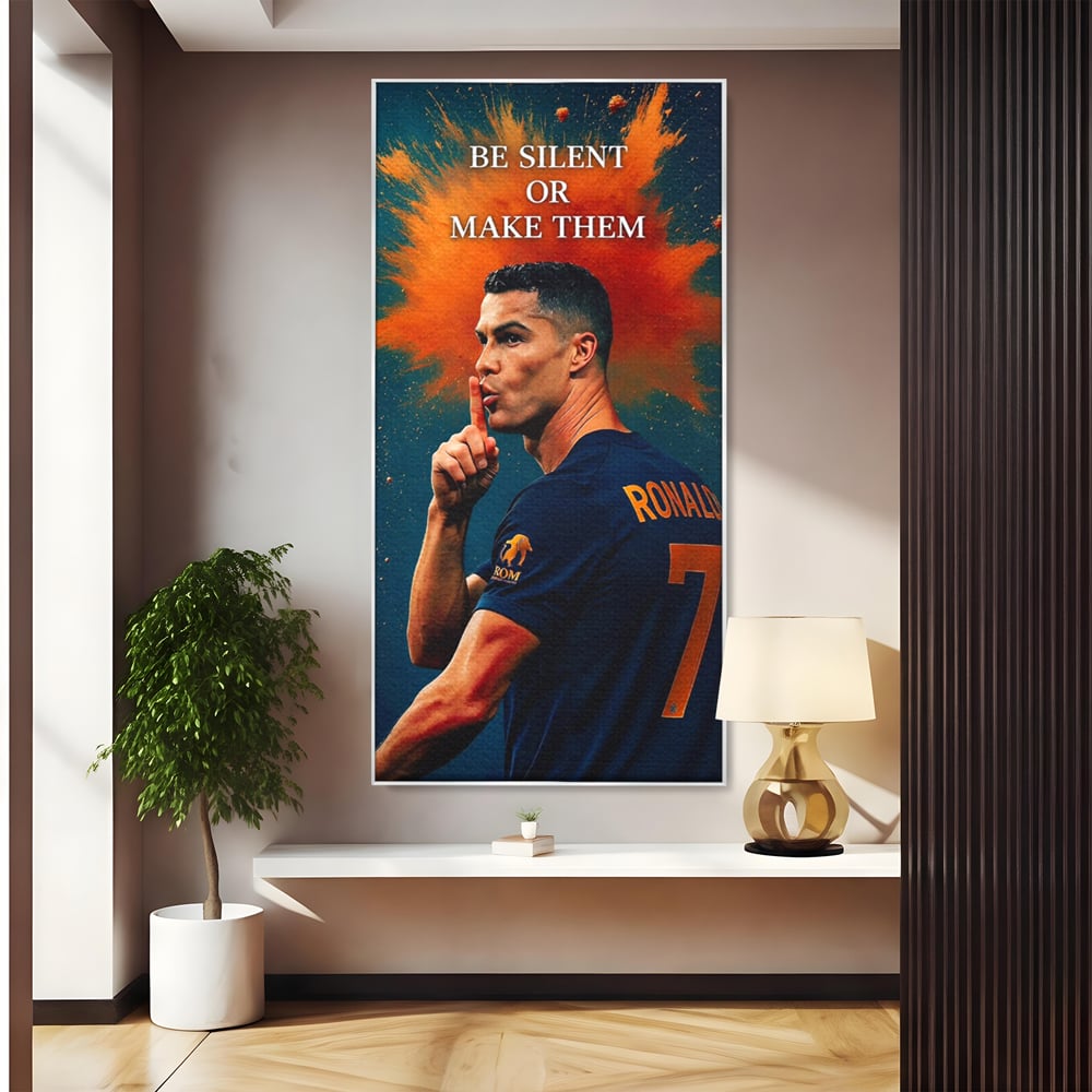 Tablou canvas cu tablou motivational cu portretul lui ronaldo, in rama de aluminiu argintiu