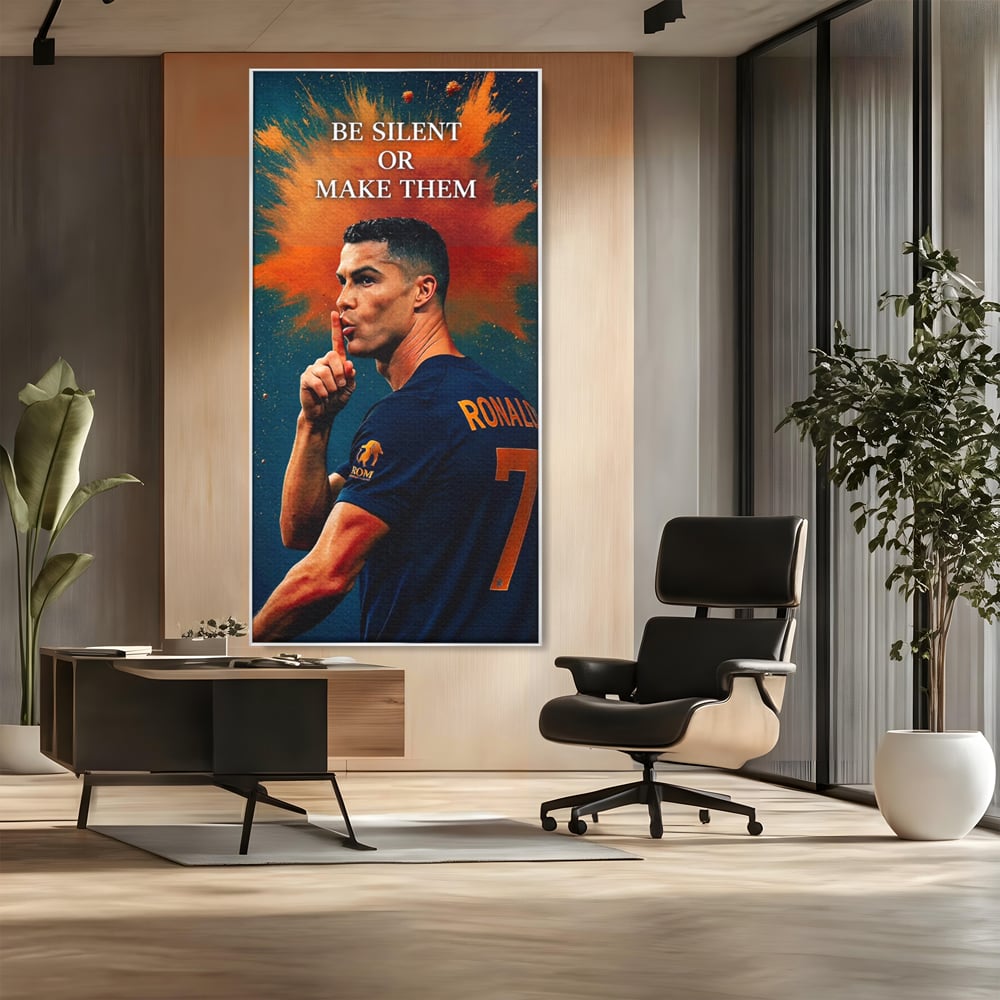 Tablou canvas cu tablou motivational cu portretul lui ronaldo, in rama de aluminiu argintiu, pe perete intr-un birou