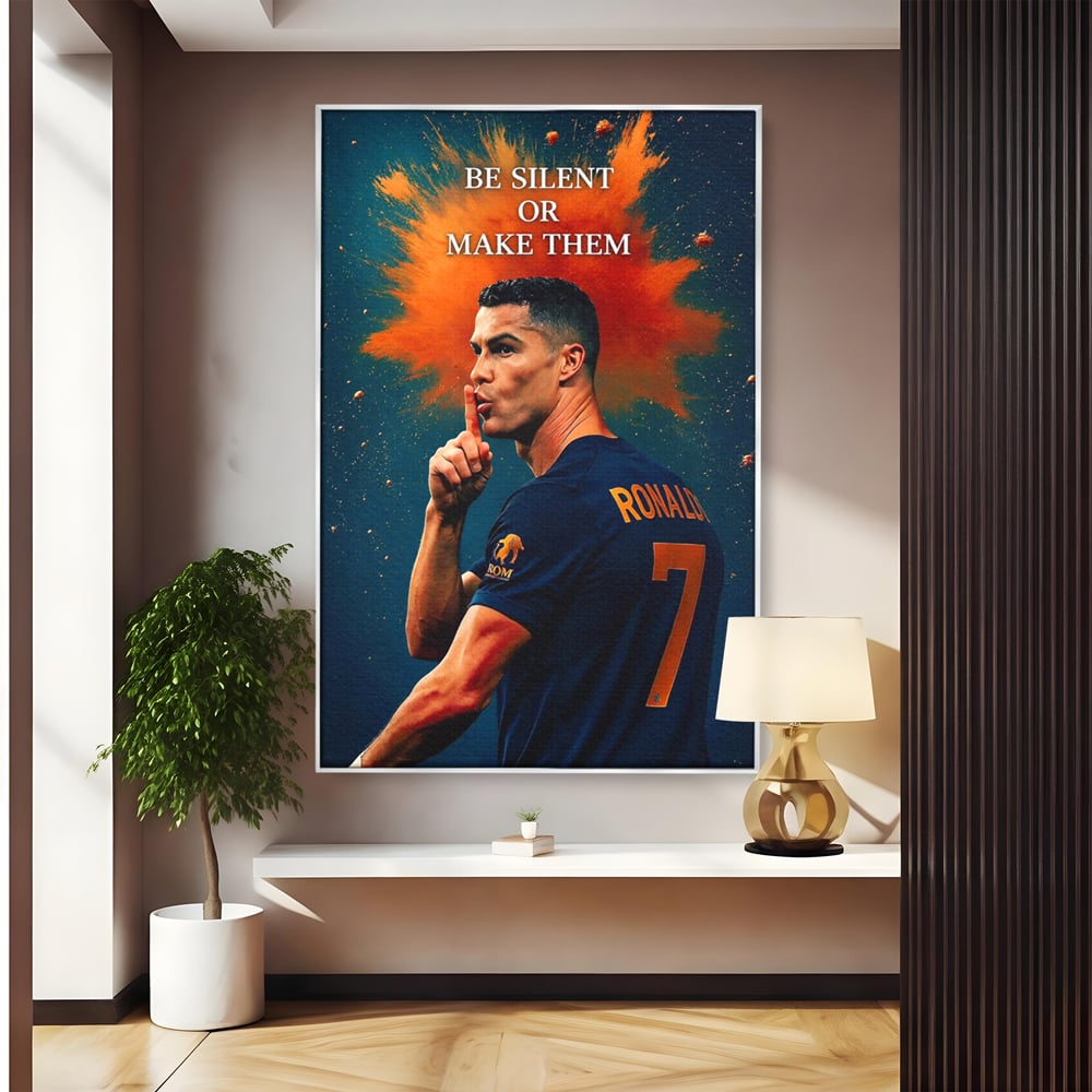 Tablou canvas cu tablou motivational cu portretul lui ronaldo, in rama de aluminiu argintiu