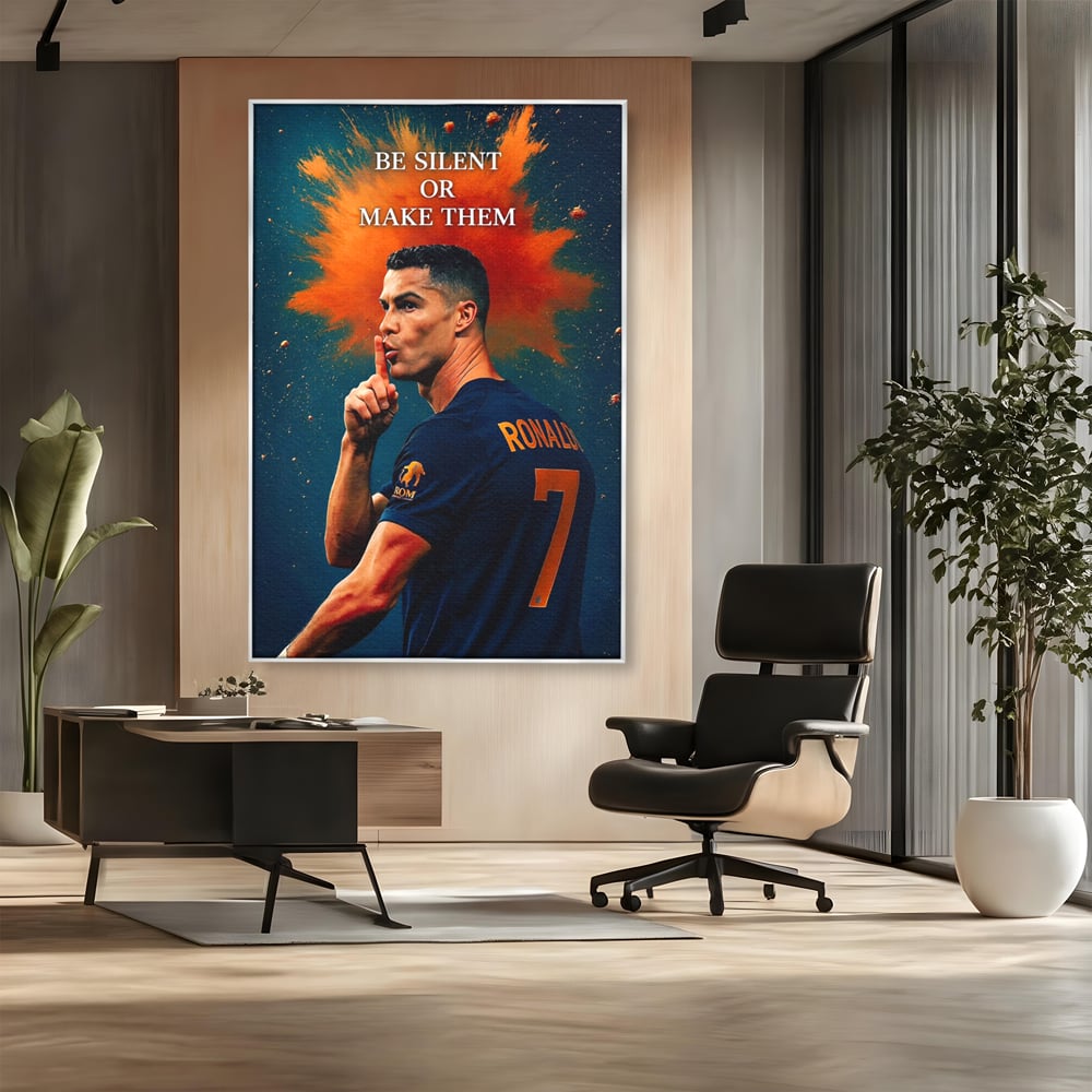 Tablou canvas cu tablou motivational cu portretul lui ronaldo, in rama de aluminiu argintiu, pe perete intr-un birou