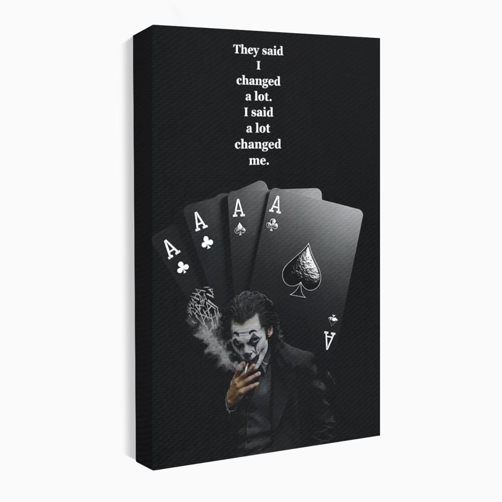 Tablou canvas cu tablou motivational cu joker si carti de joc, fara rama, pe sasiu de lemn