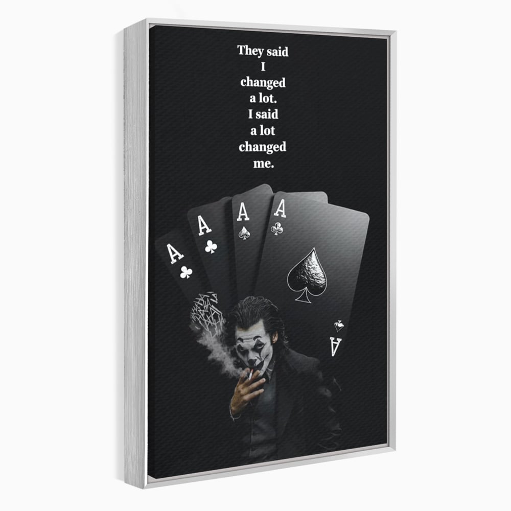 Tablou canvas cu tablou motivational cu joker si carti de joc, in rama de aluminiu argintiu