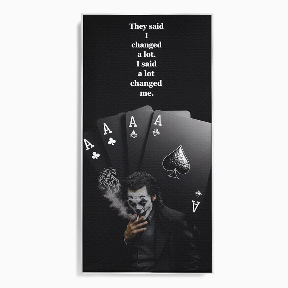 Tablou canvas cu tablou motivational cu joker si carti de joc, in rama de aluminiu argintiu