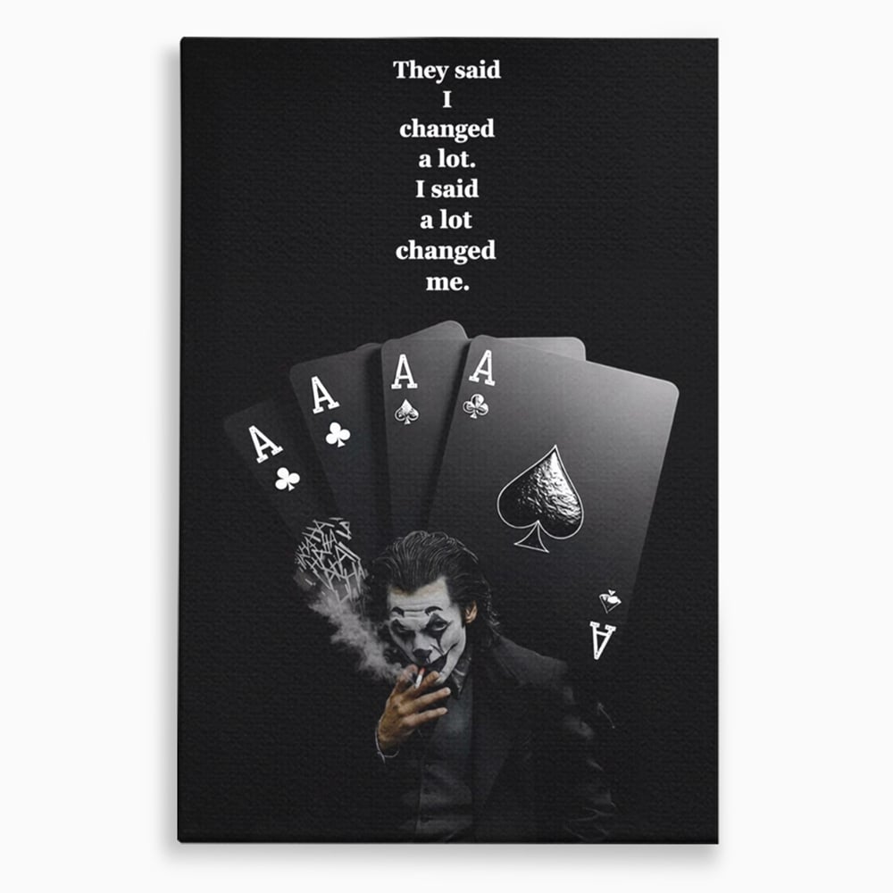 Tablou canvas cu tablou motivational cu joker si carti de joc, fara rama, pe sasiu de lemn