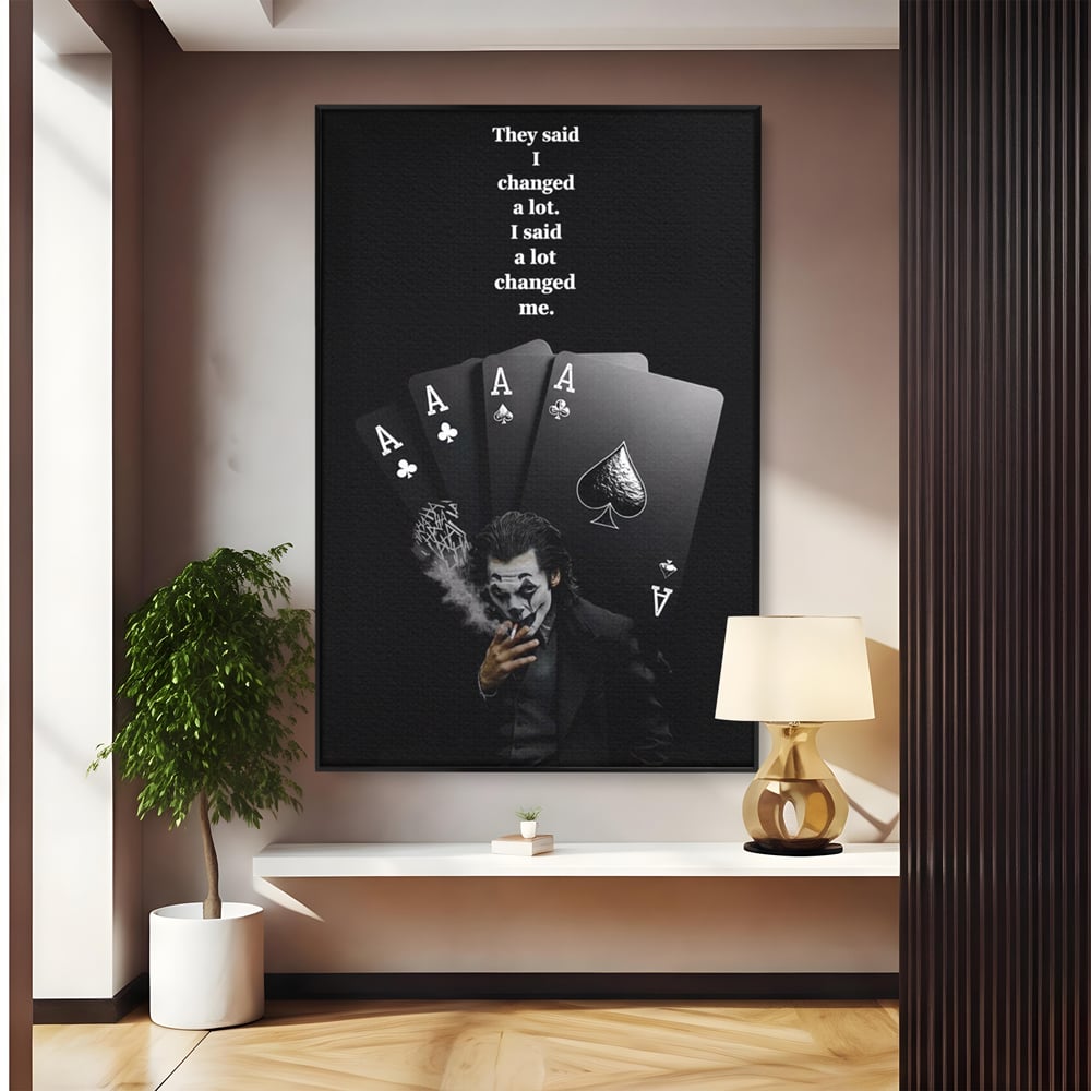 Tablou canvas cu tablou motivational cu joker si carti de joc, in rama de aluminiu negru