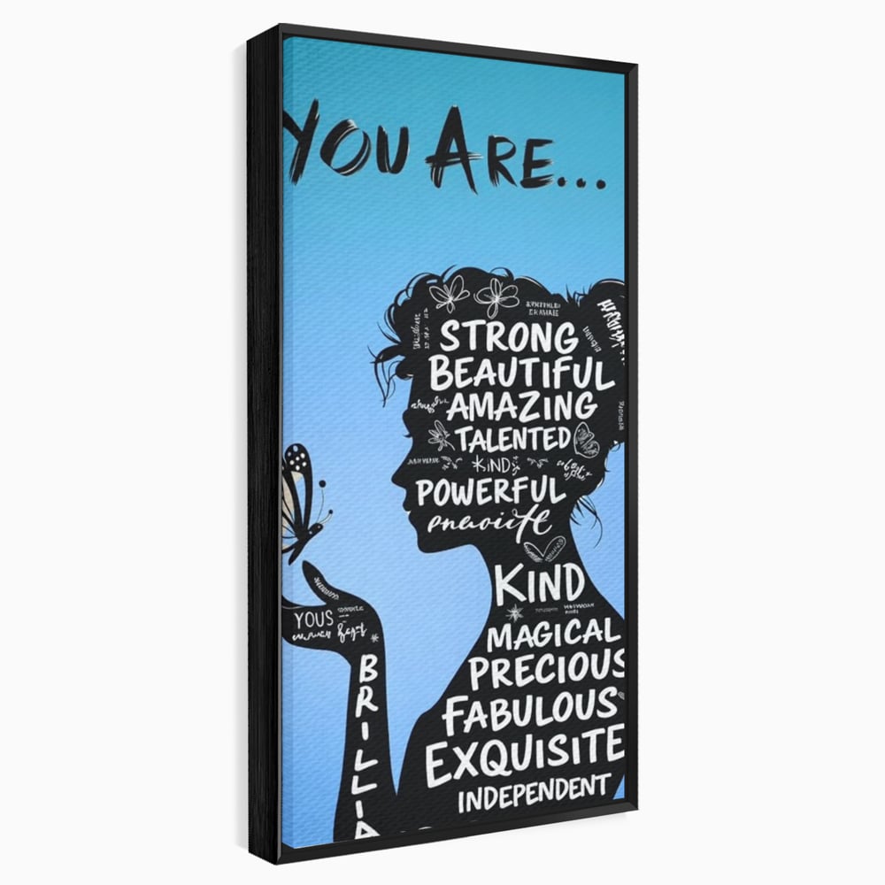Tablou canvas cu tablou motivational cu portret de femeie si cuvinte, in rama de aluminiu negru