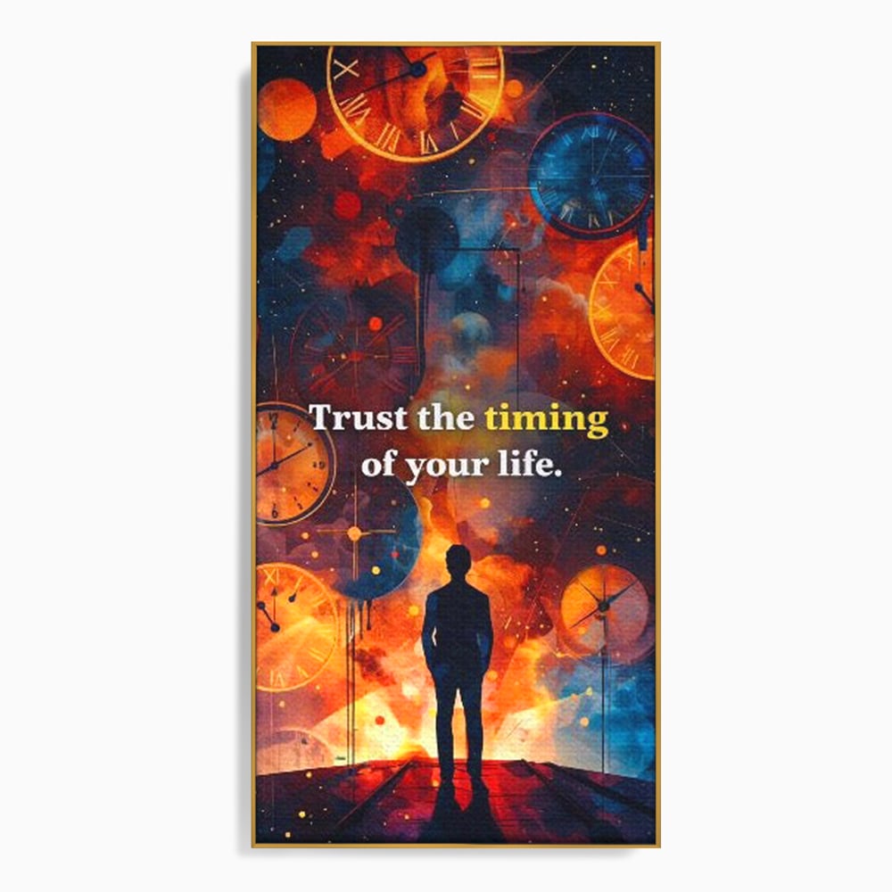 Tablou canvas cu silueta masculina privind ceasuri cosmice, in rama de aluminiu auriu