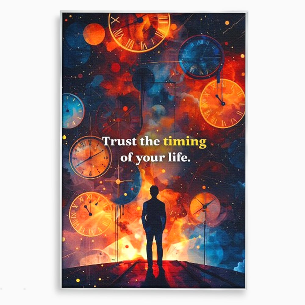 Tablou canvas cu silueta masculina privind ceasuri cosmice, in rama de aluminiu argintiu