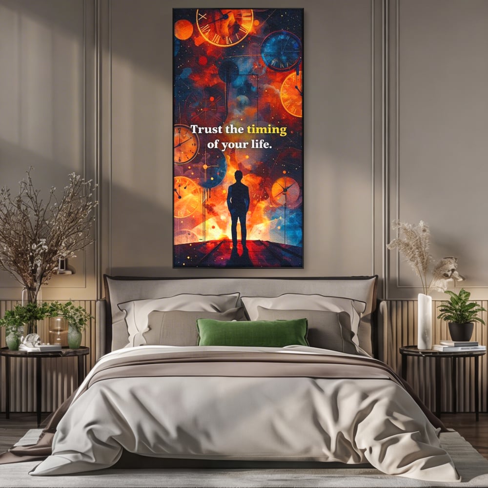 Tablou canvas cu silueta masculina privind ceasuri cosmice, in rama de aluminiu negru, pe perete intr-un dormitor