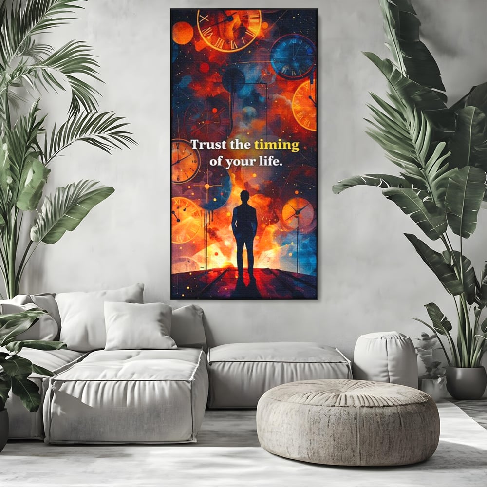 Tablou canvas cu silueta masculina privind ceasuri cosmice, in rama de aluminiu negru, pe perete intr-un living