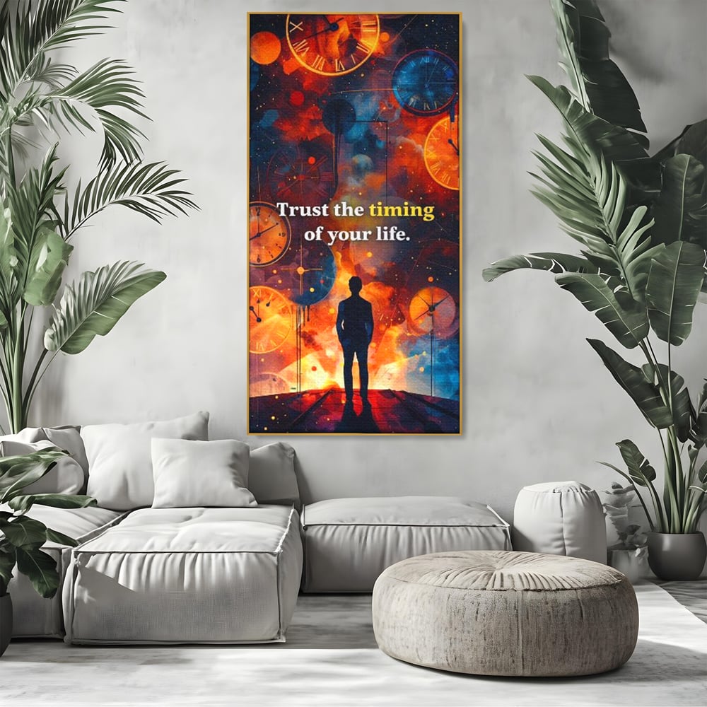 Tablou canvas cu silueta masculina privind ceasuri cosmice, in rama de aluminiu auriu, pe perete intr-un living
