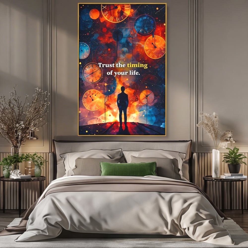 Tablou canvas cu silueta masculina privind ceasuri cosmice, in rama de aluminiu auriu, pe perete intr-un dormitor