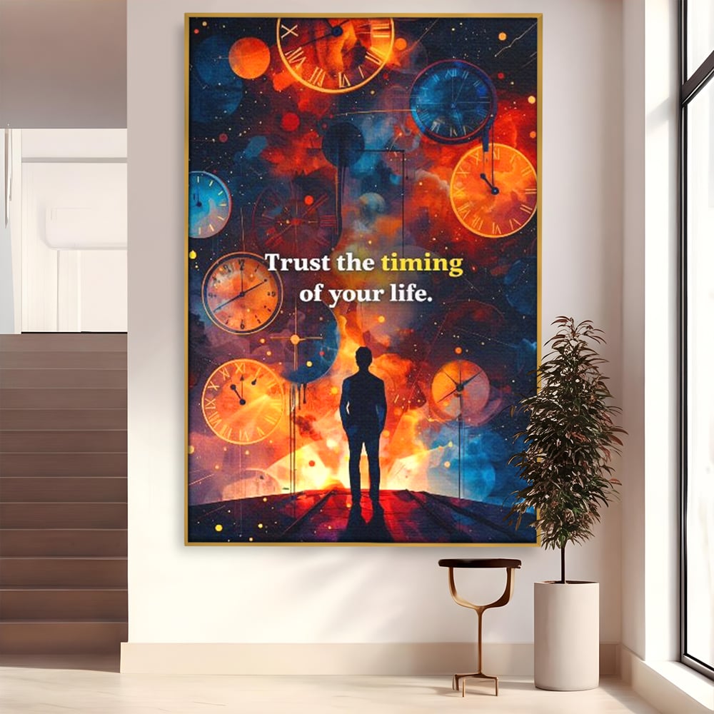 Tablou canvas cu silueta masculina privind ceasuri cosmice, in rama de aluminiu auriu