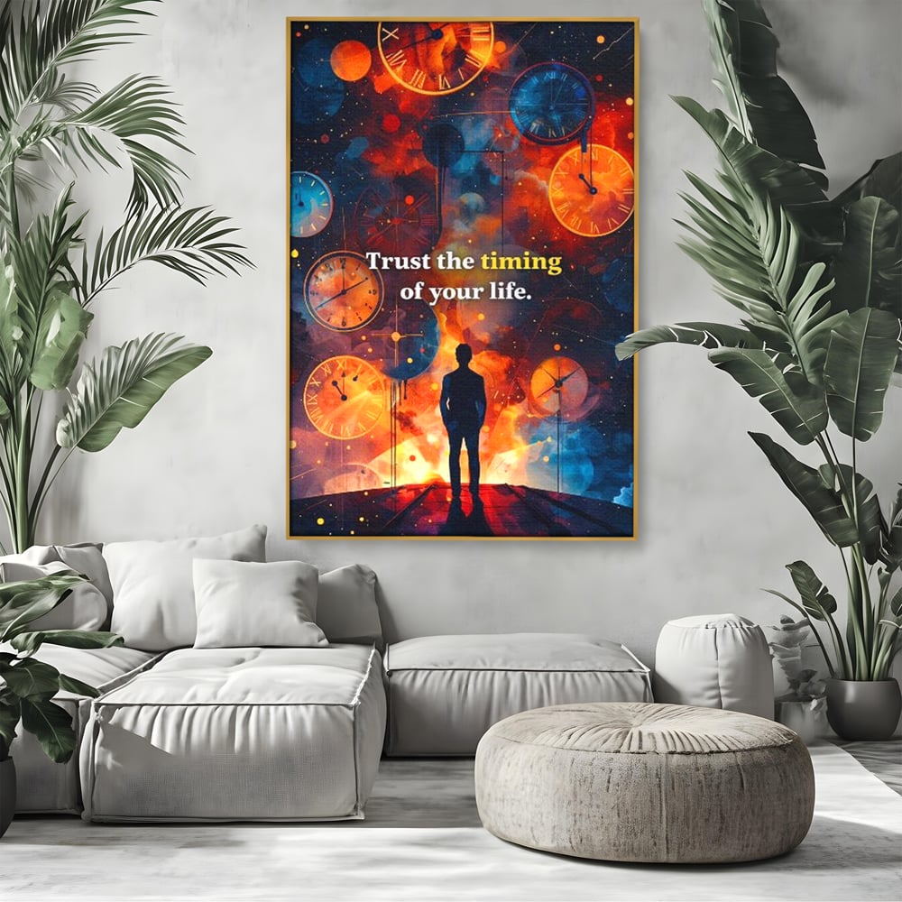 Tablou canvas cu silueta masculina privind ceasuri cosmice, in rama de aluminiu auriu, pe perete intr-un living