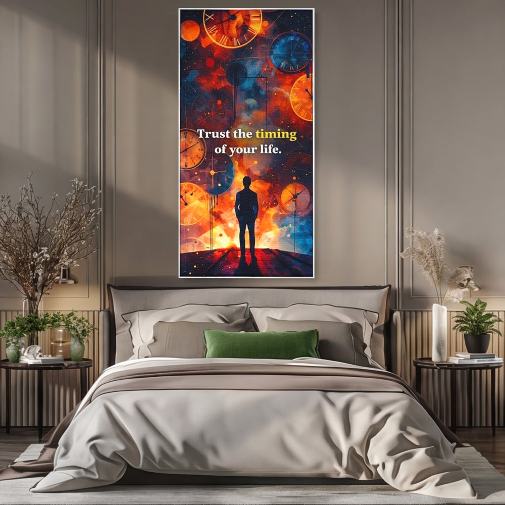 Tablou canvas cu silueta masculina privind ceasuri cosmice, in rama de aluminiu argintiu, pe perete intr-un dormitor