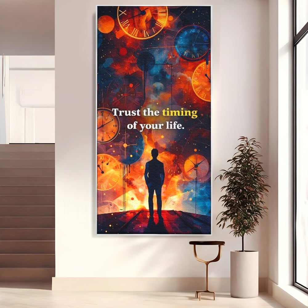 Tablou canvas cu silueta masculina privind ceasuri cosmice, in rama de aluminiu argintiu