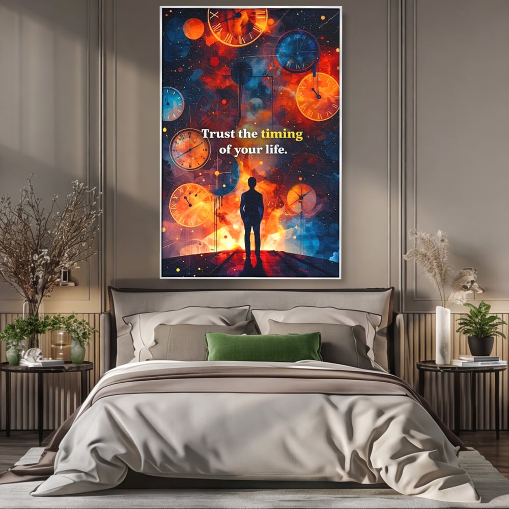 Tablou canvas cu silueta masculina privind ceasuri cosmice, in rama de aluminiu argintiu, pe perete intr-un dormitor