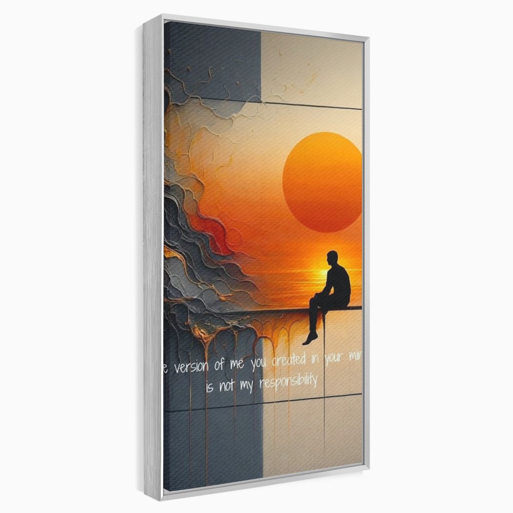 Tablou canvas cu tablou canvas cu silueta pe fundal de apus, in rama de aluminiu argintiu