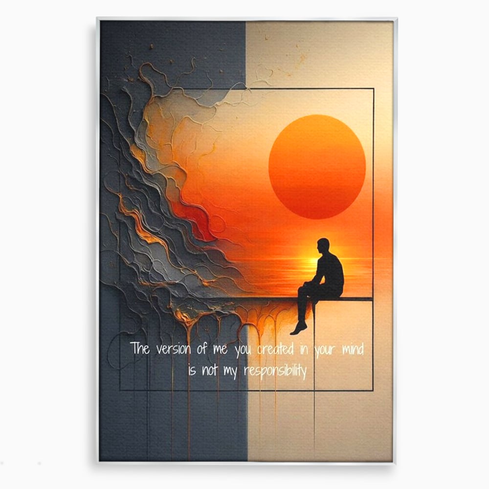 Tablou canvas cu tablou canvas cu silueta pe fundal de apus, in rama de aluminiu argintiu