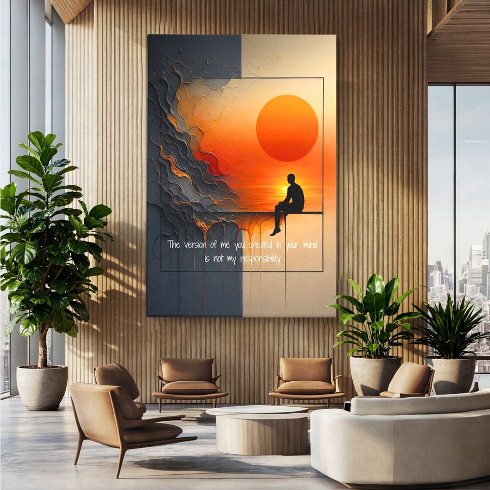 Tablou canvas cu tablou canvas cu silueta pe fundal de apus, fara rama, pe sasiu de lemn, pe perete intr-un birou