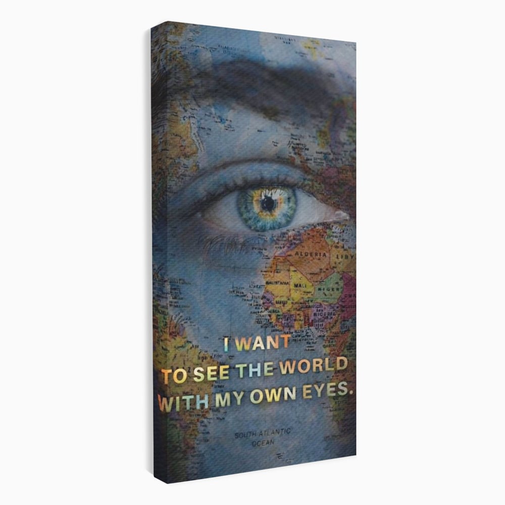 Tablou canvas cu tablou canvas cu ochi uman suprapus pe harta lumii, fara rama, pe sasiu de lemn