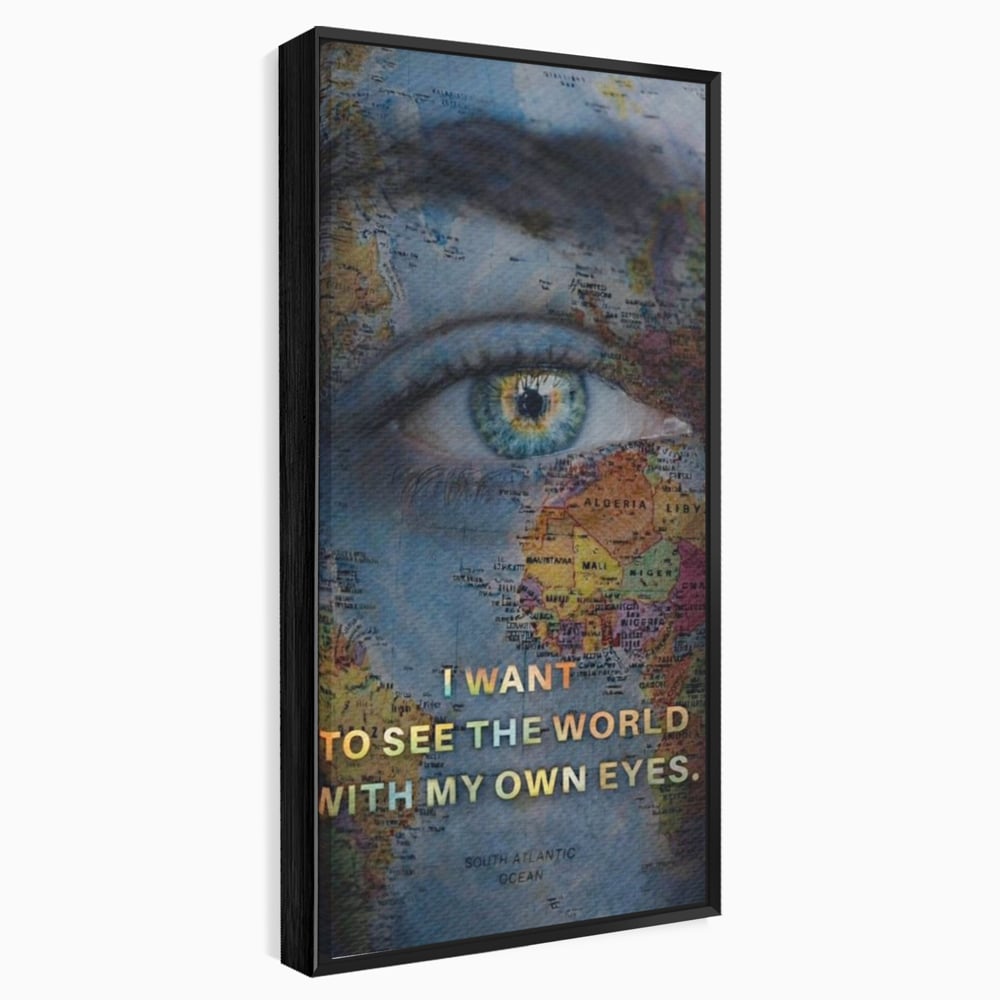 Tablou canvas cu tablou canvas cu ochi uman suprapus pe harta lumii, in rama de aluminiu negru