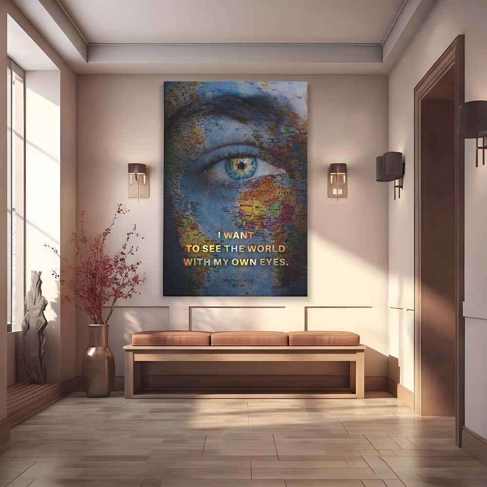 Tablou canvas cu tablou canvas cu ochi uman suprapus pe harta lumii, fara rama, pe sasiu de lemn