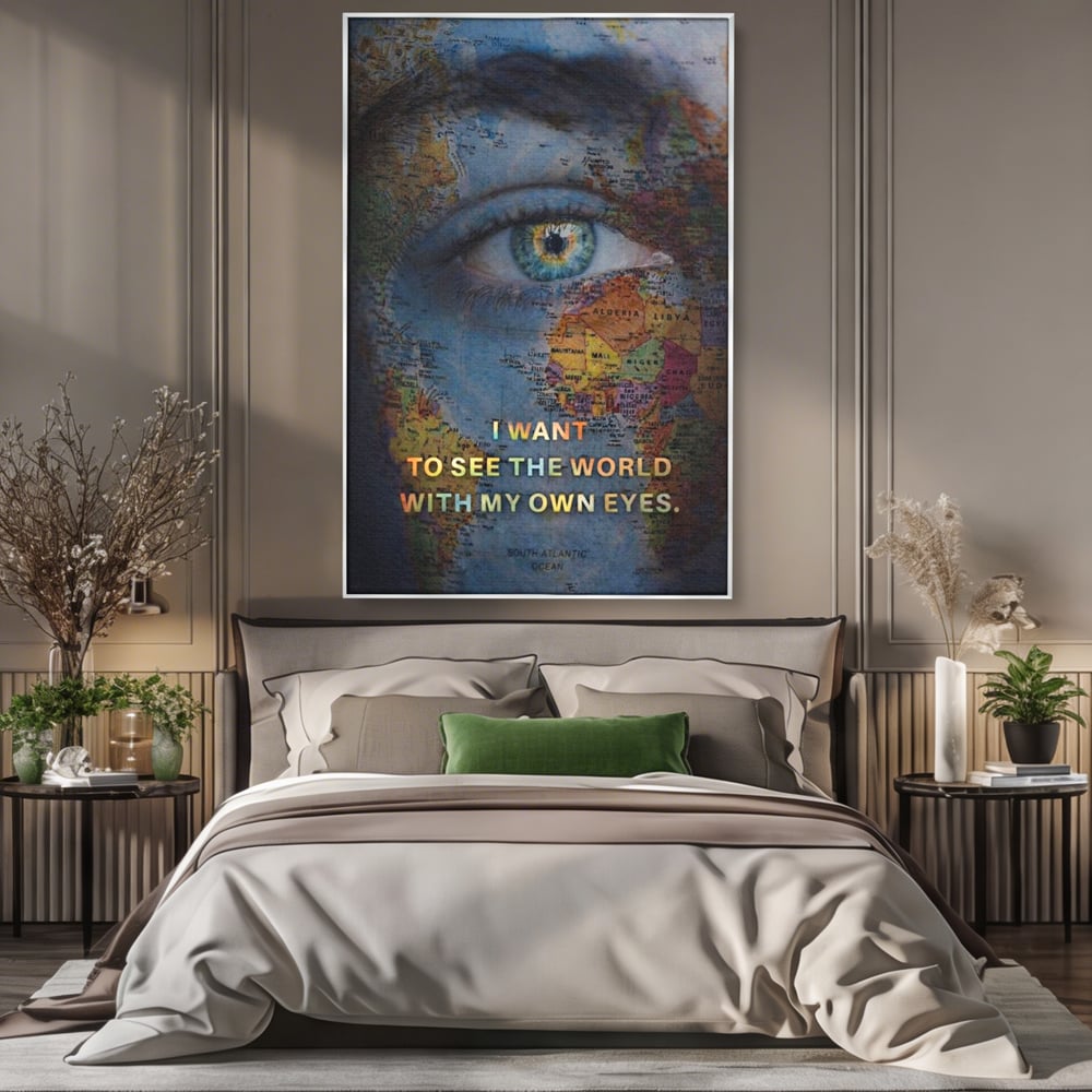 Tablou canvas cu tablou canvas cu ochi uman suprapus pe harta lumii, in rama de aluminiu argintiu, pe perete intr-un dormitor