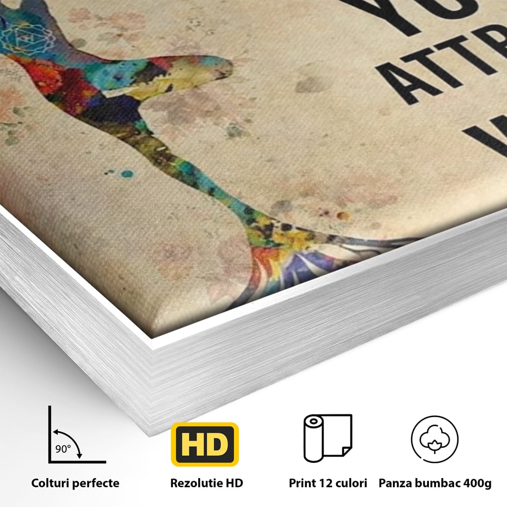 Detaliu al suprafetei: tablou canvas motivational cu silueta si copac, in rama de aluminiu argintiu