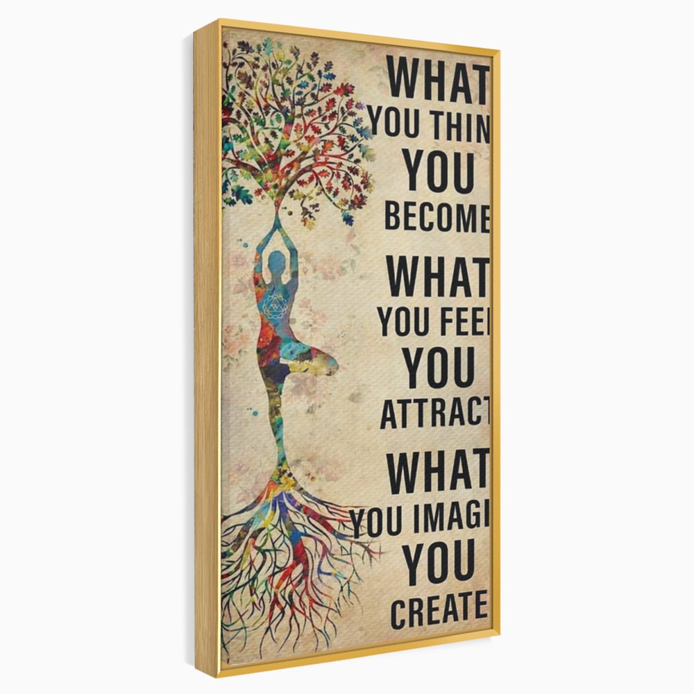 Tablou canvas cu tablou canvas motivational cu silueta si copac, in rama de aluminiu auriu