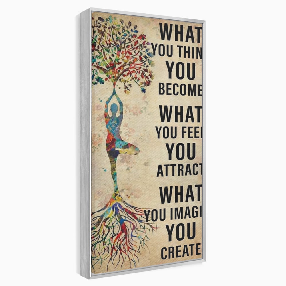 Tablou canvas cu tablou canvas motivational cu silueta si copac, in rama de aluminiu argintiu