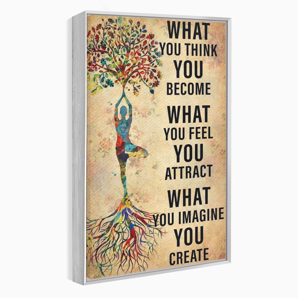 Tablou canvas cu tablou canvas motivational cu silueta si copac, in rama de aluminiu argintiu