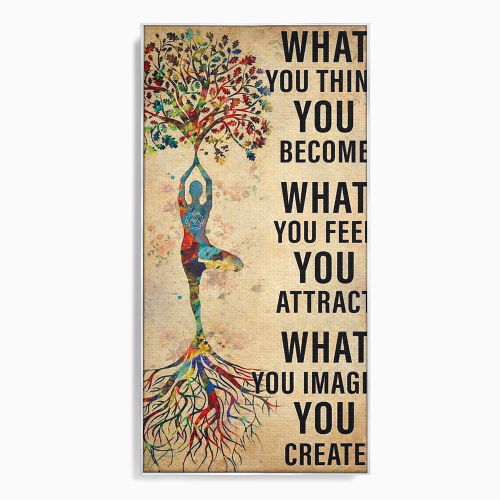 Tablou canvas cu tablou canvas motivational cu silueta si copac, in rama de aluminiu argintiu