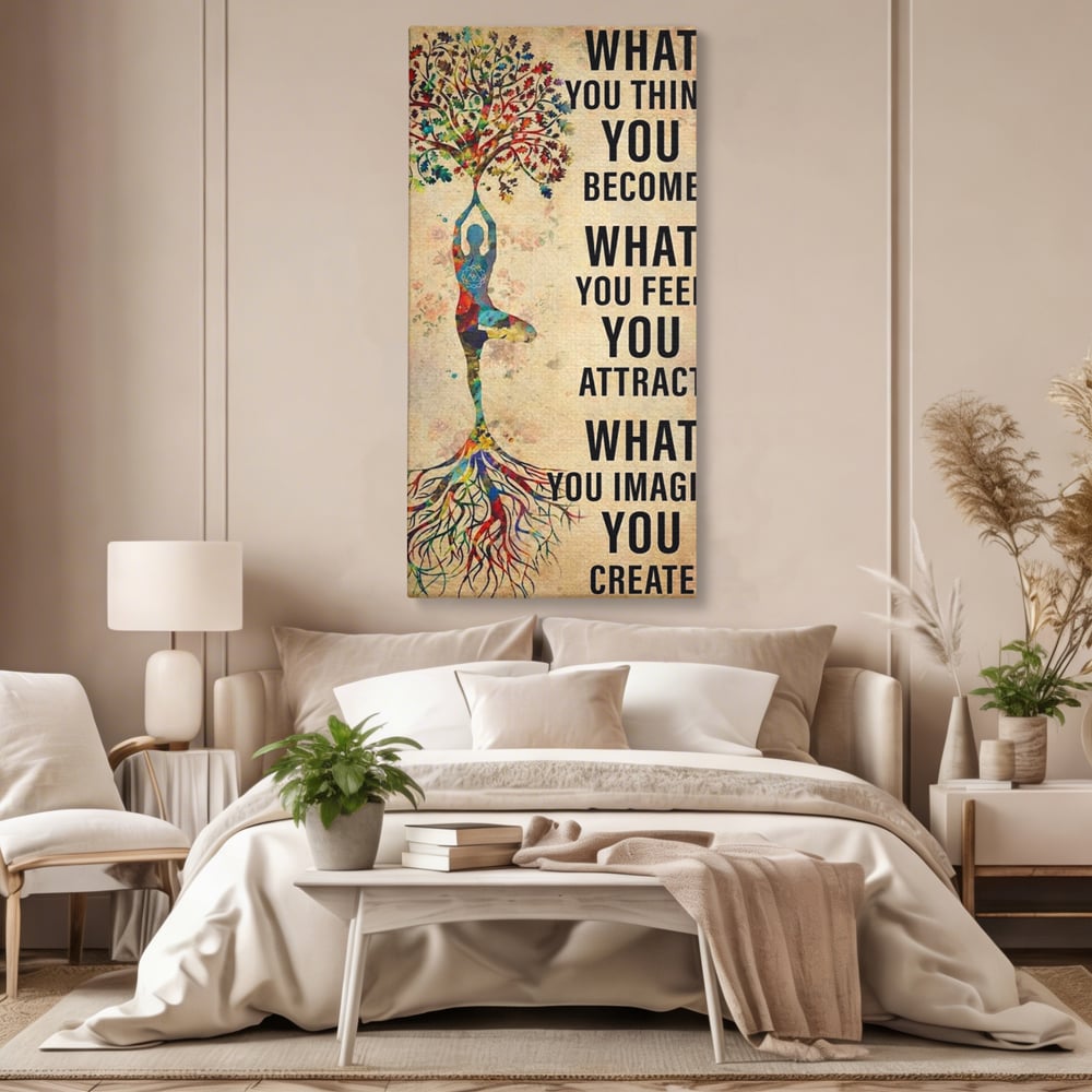 Tablou canvas cu tablou canvas motivational cu silueta si copac, fara rama, pe sasiu de lemn, pe perete intr-un dormitor