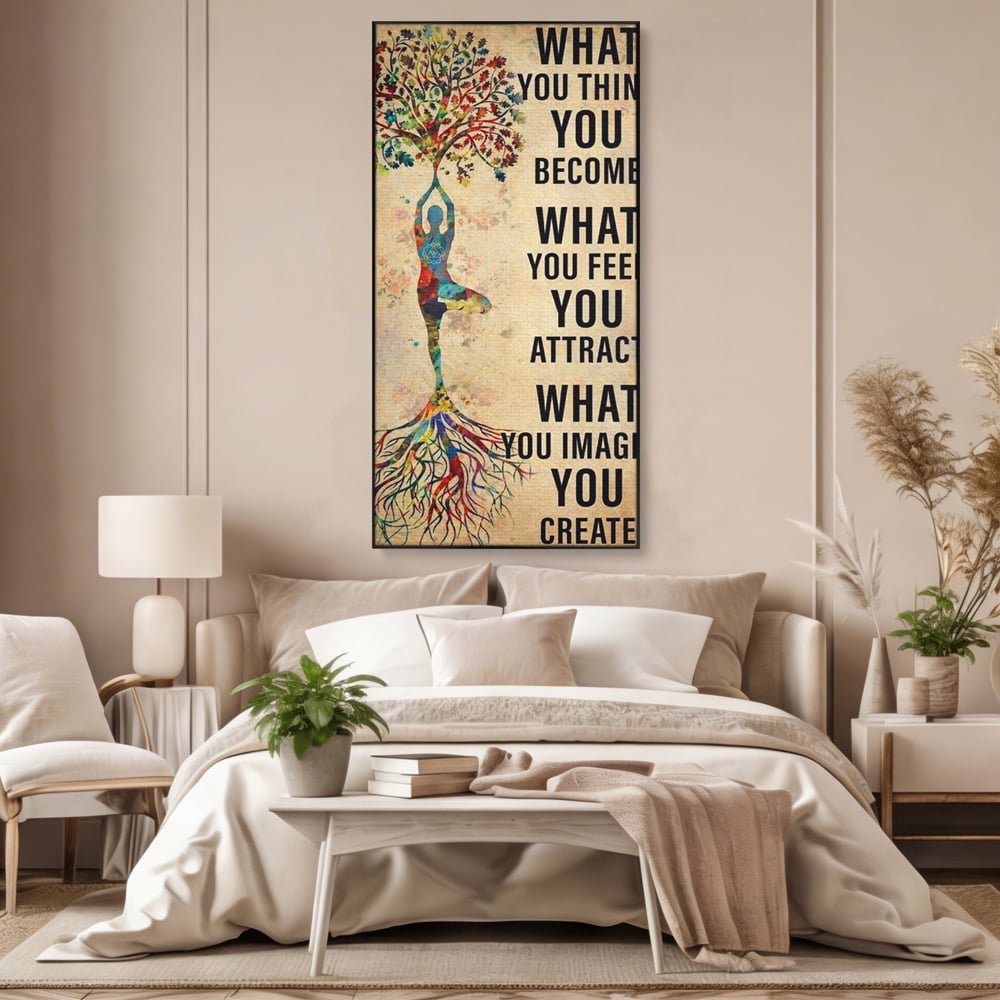 Tablou canvas cu tablou canvas motivational cu silueta si copac, in rama de aluminiu negru, pe perete intr-un dormitor