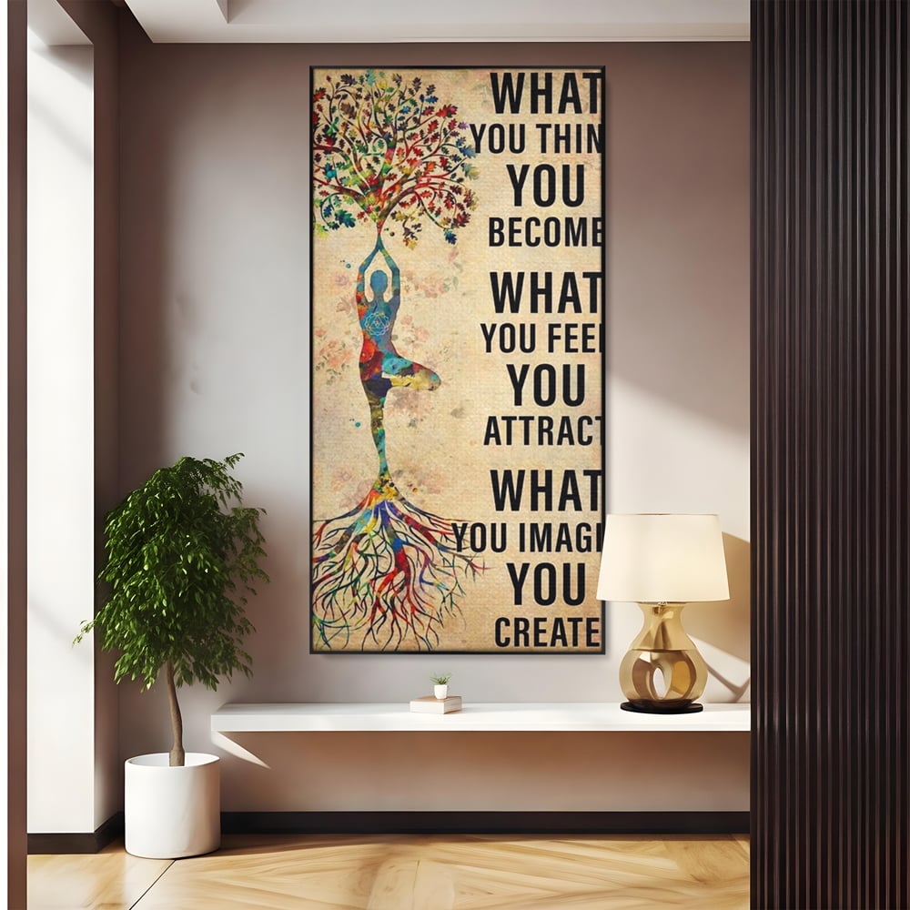 Tablou canvas cu tablou canvas motivational cu silueta si copac, in rama de aluminiu negru