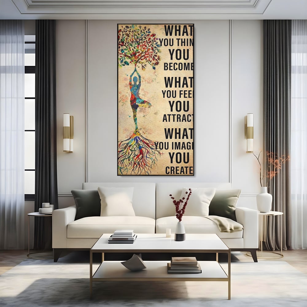 Tablou canvas cu tablou canvas motivational cu silueta si copac, in rama de aluminiu negru, pe perete intr-un living