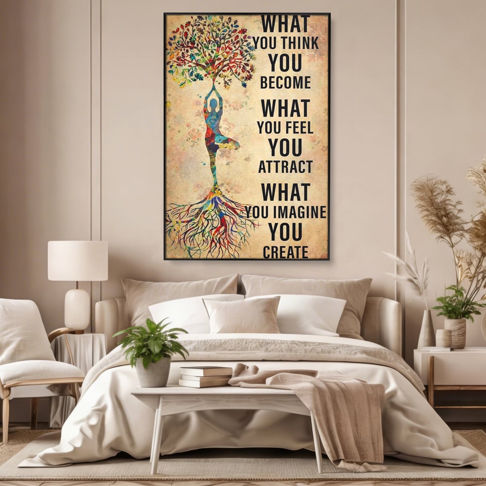 Tablou canvas cu tablou canvas motivational cu silueta si copac, in rama de aluminiu negru, pe perete intr-un dormitor