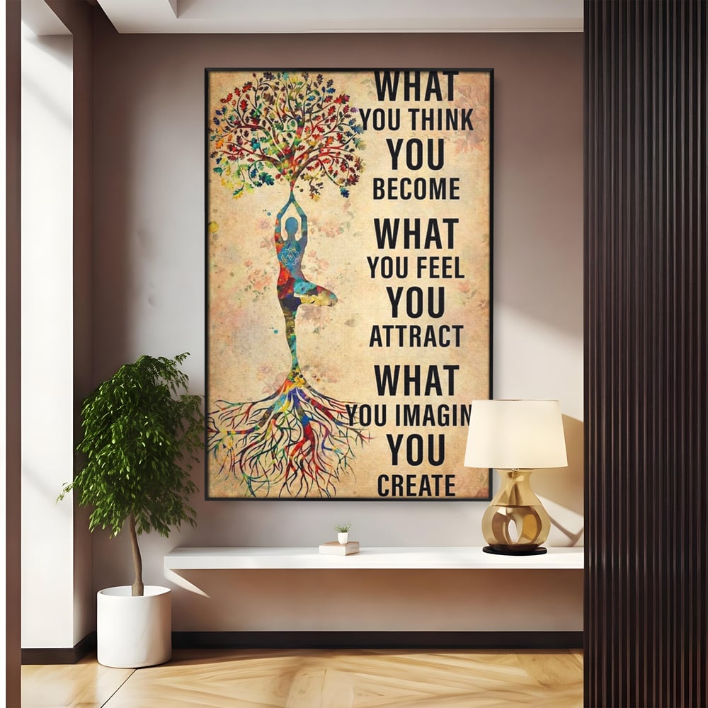 Tablou canvas cu tablou canvas motivational cu silueta si copac, in rama de aluminiu negru