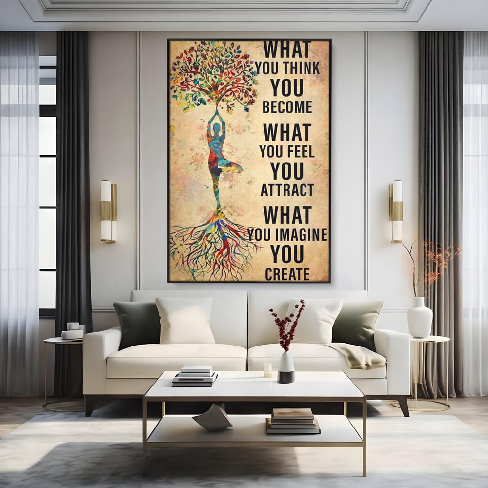 Tablou canvas cu tablou canvas motivational cu silueta si copac, in rama de aluminiu negru, pe perete intr-un living