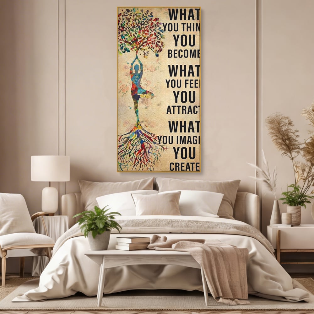 Tablou canvas cu tablou canvas motivational cu silueta si copac, in rama de aluminiu auriu, pe perete intr-un dormitor