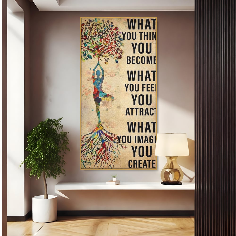 Tablou canvas cu tablou canvas motivational cu silueta si copac, in rama de aluminiu auriu