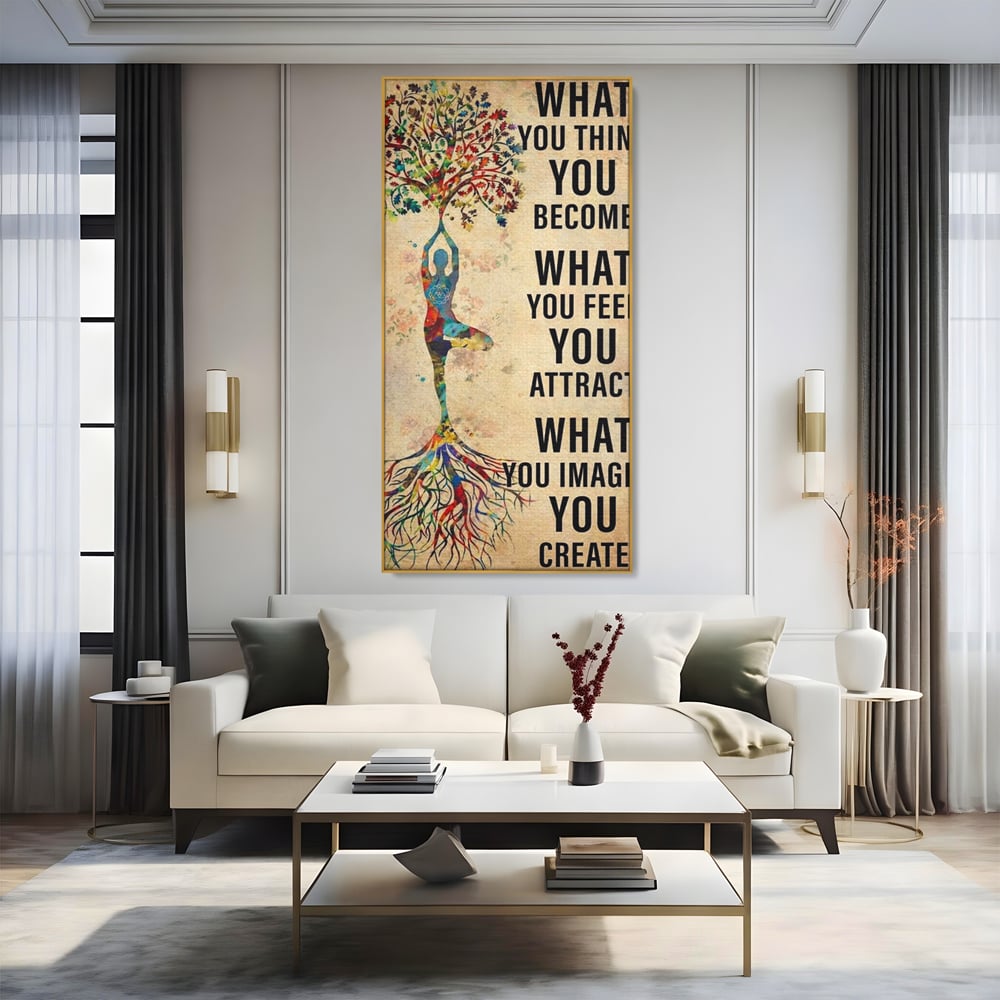 Tablou canvas cu tablou canvas motivational cu silueta si copac, in rama de aluminiu auriu, pe perete intr-un living