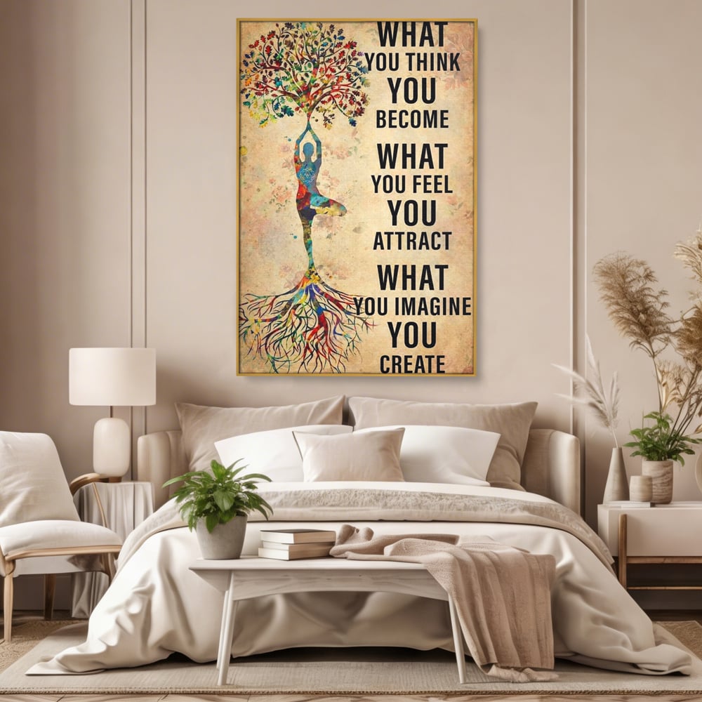 Tablou canvas cu tablou canvas motivational cu silueta si copac, in rama de aluminiu auriu, pe perete intr-un dormitor