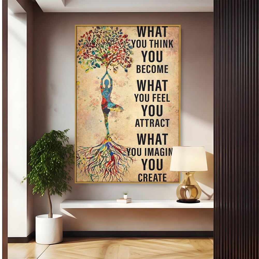 Tablou canvas cu tablou canvas motivational cu silueta si copac, in rama de aluminiu auriu