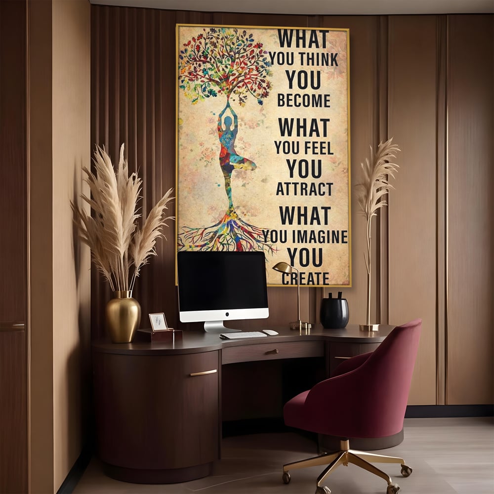 Tablou canvas cu tablou canvas motivational cu silueta si copac, in rama de aluminiu auriu, pe perete intr-un birou
